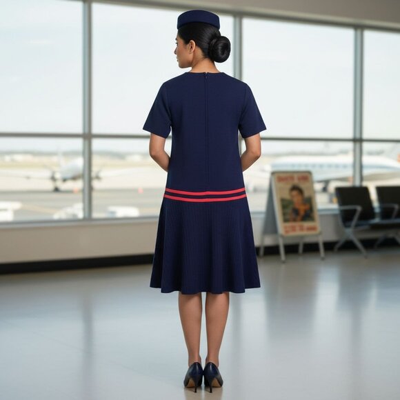 60s–70s Navy & Red Trevira® Wool Blend Day Dress by Elle Couture - UK Vintage - Picture 8 of 16